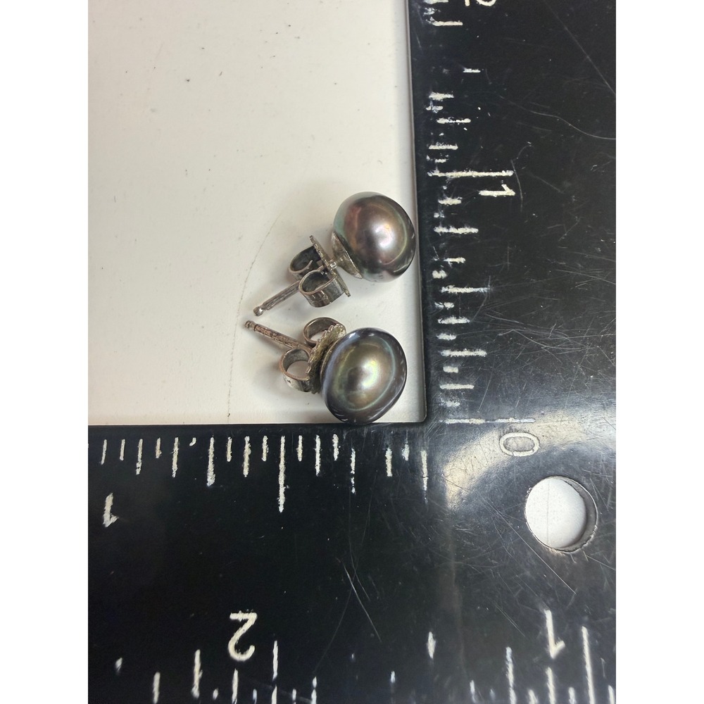 Sterling Silver 925 Black Pearl Stud Earrings 8mm Iridescent Peacock Luster
